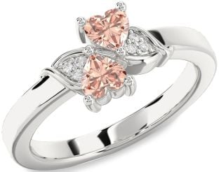 Diamond Morganite Silver Two Heart Ring