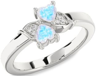 Diamond Emerald Silver Two Heart Birthstone Ring