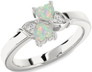 Diamond Emerald Silver Two Heart Birthstone Ring