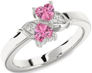 Diamond Pink Sapphire Silver Two Heart Ring