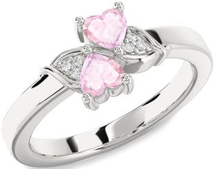 Diamond Rose Quartz Silver Two Heart Ring