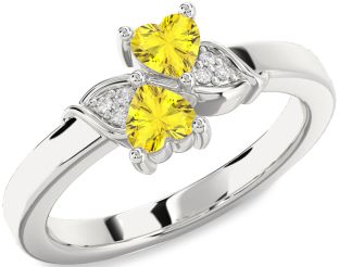 Diamond Yellow Sapphire Silver Two Heart Ring