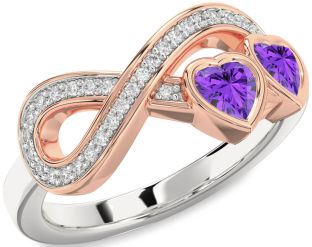Diamond Emerald Platinum & Rose Gold Infinity Two Heart Birthstone Ring