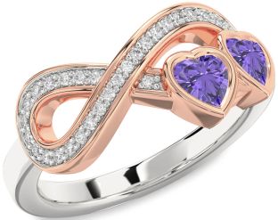 Diamond Emerald Platinum & Rose Gold Infinity Two Heart Birthstone Ring