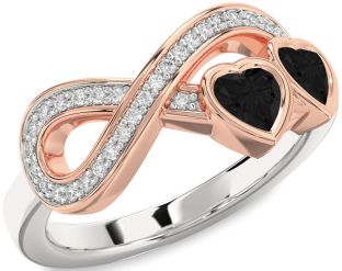 Diamond Emerald Platinum & Rose Gold Infinity Two Heart Birthstone Ring
