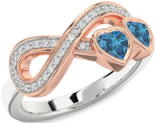 Diamond Emerald Platinum & Rose Gold Infinity Two Heart Birthstone Ring
