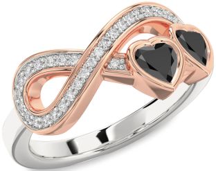 Diamond Emerald Platinum & Rose Gold Infinity Two Heart Birthstone Ring