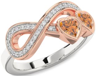 Diamond Emerald Platinum & Rose Gold Infinity Two Heart Birthstone Ring