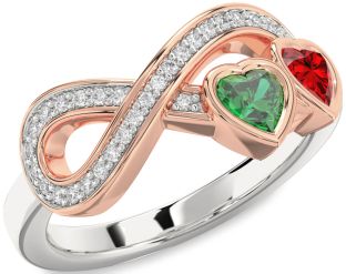 Diamond Emerald Platinum & Rose Gold Infinity Two Heart Birthstone Ring