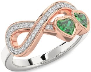Diamond Emerald Platinum & Rose Gold Infinity Two Heart Birthstone Ring