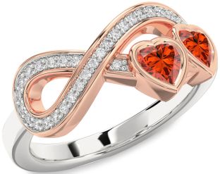 Diamond Emerald Platinum & Rose Gold Infinity Two Heart Birthstone Ring