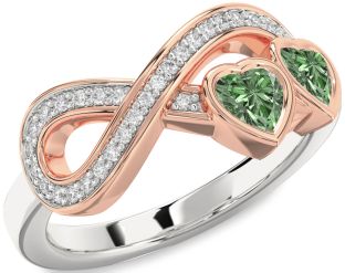 Diamond Emerald Platinum & Rose Gold Infinity Two Heart Birthstone Ring