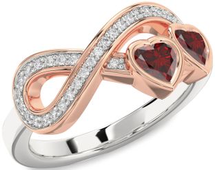 Diamond Emerald Platinum & Rose Gold Infinity Two Heart Birthstone Ring