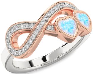 Diamond Emerald Platinum & Rose Gold Infinity Two Heart Birthstone Ring