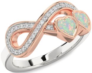 Diamond Emerald Platinum & Rose Gold Infinity Two Heart Birthstone Ring