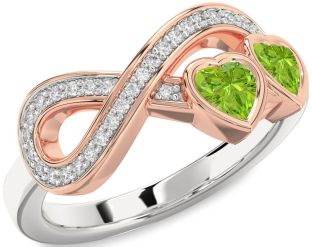 Diamond Emerald Platinum & Rose Gold Infinity Two Heart Birthstone Ring