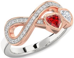 Diamond Emerald Platinum & Rose Gold Infinity Two Heart Birthstone Ring