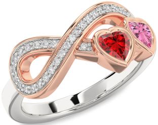 Diamond Emerald Platinum & Rose Gold Infinity Two Heart Birthstone Ring