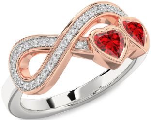 Diamond Emerald Platinum & Rose Gold Infinity Two Heart Birthstone Ring