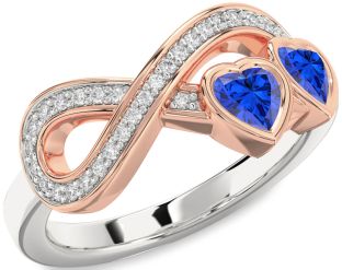 Diamond Emerald Platinum & Rose Gold Infinity Two Heart Birthstone Ring