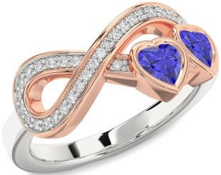 Diamond Emerald Platinum & Rose Gold Infinity Two Heart Birthstone Ring