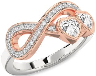 Diamond Emerald Platinum & Rose Gold Infinity Two Heart Birthstone Ring