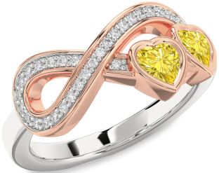 Diamond Emerald Platinum & Rose Gold Infinity Two Heart Birthstone Ring