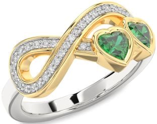 Diamond Emerald Platinum & Yellow Gold Infinity Two Heart Birthstone Ring