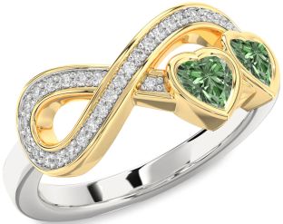 Diamond Emerald Platinum & Yellow Gold Infinity Two Heart Birthstone Ring