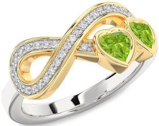 Diamond Emerald Platinum & Yellow Gold Infinity Two Heart Birthstone Ring