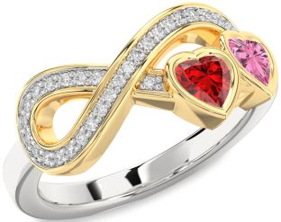 Diamond Emerald Platinum & Yellow Gold Infinity Two Heart Birthstone Ring