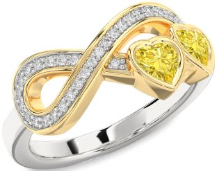 Diamond Emerald Platinum & Yellow Gold Infinity Two Heart Birthstone Ring