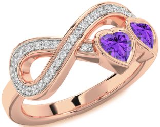 Diamond Emerald Rose Gold Infinity Two Heart Birthstone Ring