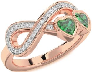 Diamond Emerald Rose Gold Infinity Two Heart Birthstone Ring