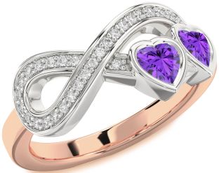 Diamond Emerald Platinum & Rose Gold Infinity Two Heart Birthstone Ring