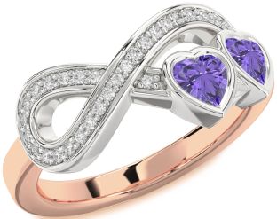 Diamond Emerald Platinum & Rose Gold Infinity Two Heart Birthstone Ring