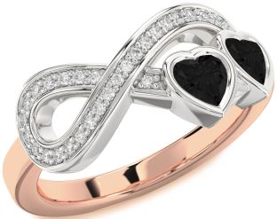 Diamond Emerald Platinum & Rose Gold Infinity Two Heart Birthstone Ring