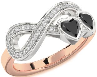 Diamond Emerald Platinum & Rose Gold Infinity Two Heart Birthstone Ring