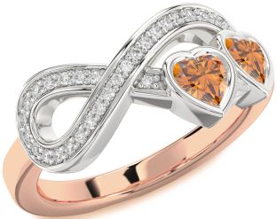 Diamond Emerald Platinum & Rose Gold Infinity Two Heart Birthstone Ring