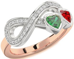 Diamond Emerald Platinum & Rose Gold Infinity Two Heart Birthstone Ring