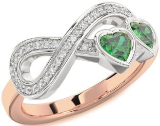 Diamond Emerald Platinum & Rose Gold Infinity Two Heart Birthstone Ring