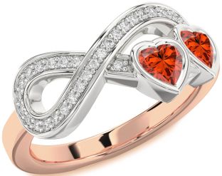 Diamond Emerald Platinum & Rose Gold Infinity Two Heart Birthstone Ring