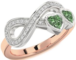 Diamond Emerald Platinum & Rose Gold Infinity Two Heart Birthstone Ring