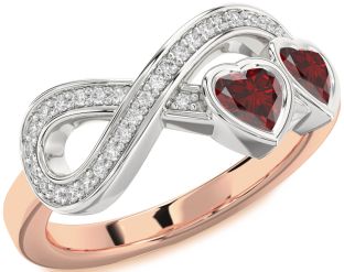 Diamond Emerald Platinum & Rose Gold Infinity Two Heart Birthstone Ring