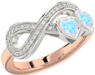 Diamond Emerald Platinum & Rose Gold Infinity Two Heart Birthstone Ring