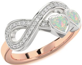 Diamond Emerald Platinum & Rose Gold Infinity Two Heart Birthstone Ring