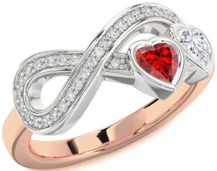 Diamond Emerald Platinum & Rose Gold Infinity Two Heart Birthstone Ring