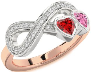 Diamond Emerald Platinum & Rose Gold Infinity Two Heart Birthstone Ring