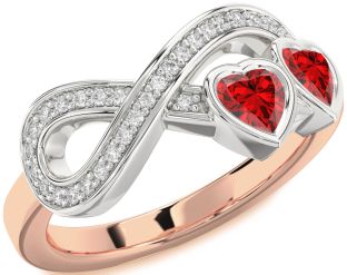 Diamond Emerald Platinum & Rose Gold Infinity Two Heart Birthstone Ring
