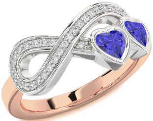 Diamond Emerald Platinum & Rose Gold Infinity Two Heart Birthstone Ring